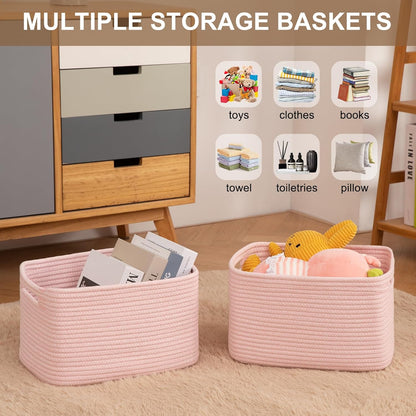 OIASKET Storage Baskets for Organizing, Woven Decorative Baskets for Shelves - Books, Towels, and Clothes, Cotton Rope Toy Storage Bins, 12.7''Lx9''Wx7.8''H, Pack of 4, Pink
