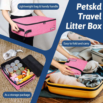 Petskd Portable Cat Travel Litter Box with Lid and 10 pcs Disposable Liner Bags, Leak-Proof and Collapsible, Cat Travel Essentials for Car, Hotel, Airplane and Other Outdoor Use(Pink)