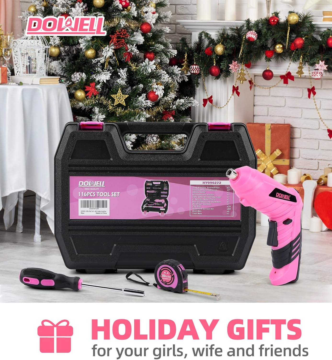 DOWELL 116Pcs Pink Tool Kit with 3.6V USB Cordless Screwdriver, Small Drill Set for Women, Girls
