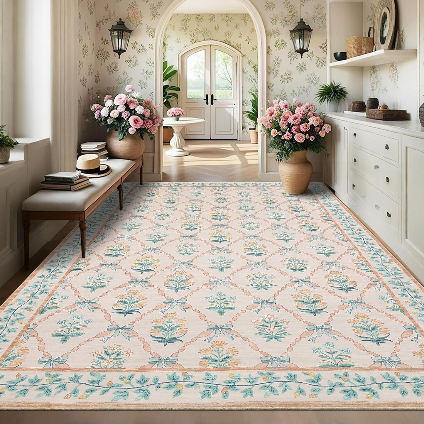 ROYHOME Area Rugs 9x12 Living Room, Pink Washable Rug for Bedroom Girl with Coquette Bow Floral Pattern Non Slip Low-Pile Stain Resistant Large Throw Carpet for Dining Room Dorm Nursery, Pink