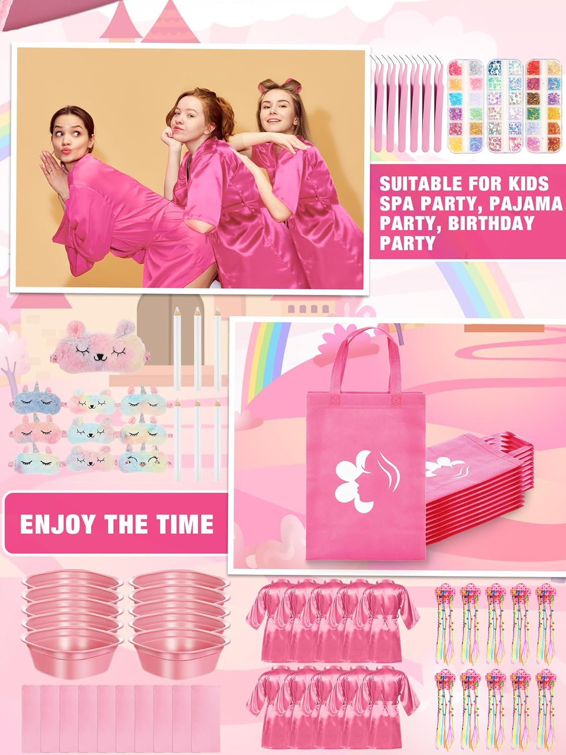 Suhine 10 Set Spa Party Supplies for Girls, Kids Satin Robes Nail Salon Kit Spa Kit Accessories for Birthday Party Favors