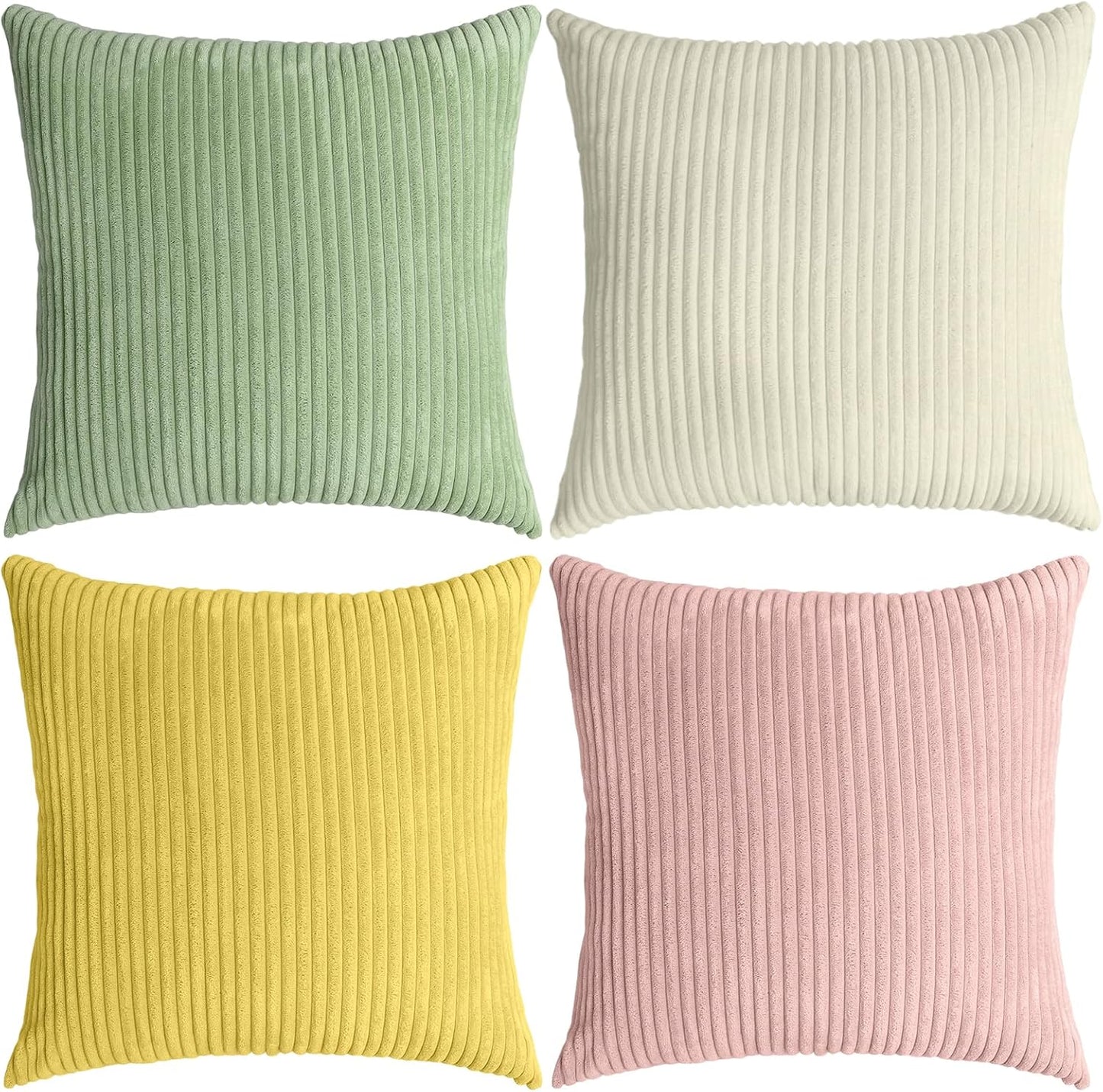 Thmyo Boho Farmhouse Decorative Throw Pillow Covers 18x18 Inch Set of 4 Soft Corduroy Cushion Covers for Mordern Couch Bed Sofa Chair Living Room Home Decor, Cream White/Green/Pink/Yellow
