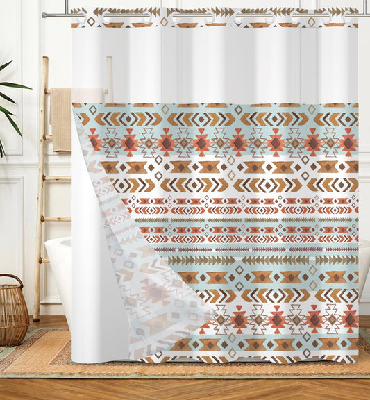 Boho Shower Curtain with Snap in Liner No Hook Mid Century Abstract Curtains for Bathroom Decorations Arch Sun Palm Leaf Waterproof Fabric Bath Accessories Washable 71x74 Inch