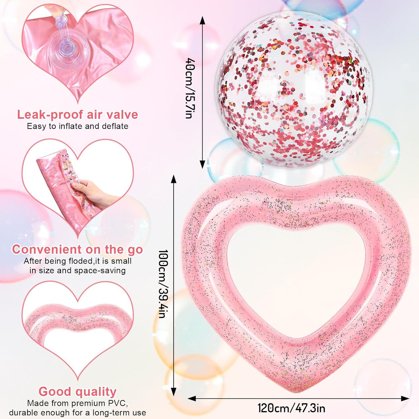 JarThenaAMCS 4Pcs Inflatable Heart Pool Float with Beach Ball Glitter Inside Rose Gold Swim Heart Shaped Pool Rings Float Loungers Tube for Summer Swimming Beach, 47.3 x 39.4 Inch