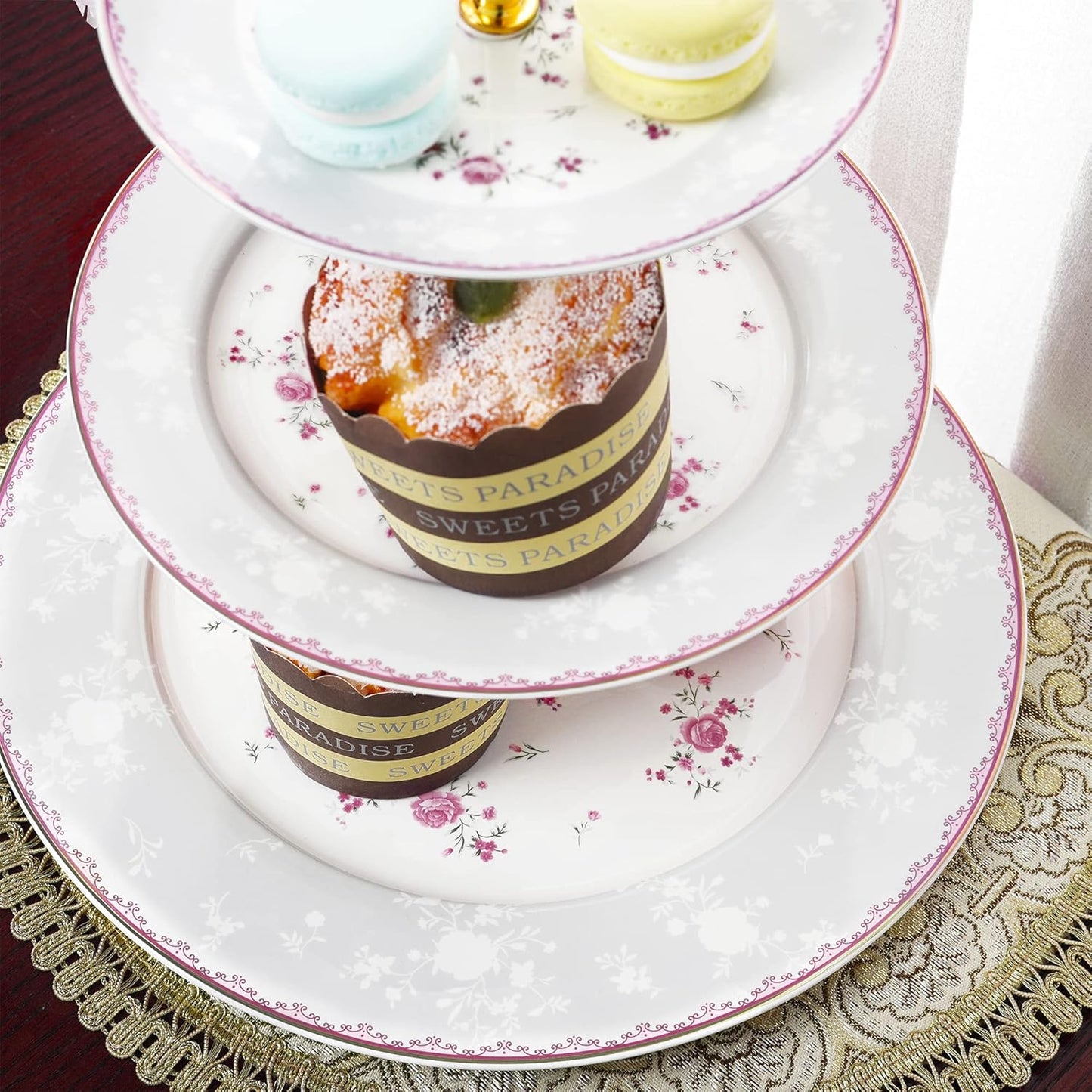 fanquare Pink Rose 3 Tier Porcelain Cupcake Stand, Floral Round Fruit Display Stand, Dessert Tower Tray for Wedding, Birthday and Tea Party