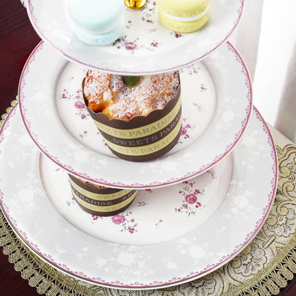 fanquare Pink Rose 3 Tier Porcelain Cupcake Stand, Floral Round Fruit Display Stand, Dessert Tower Tray for Wedding, Birthday and Tea Party