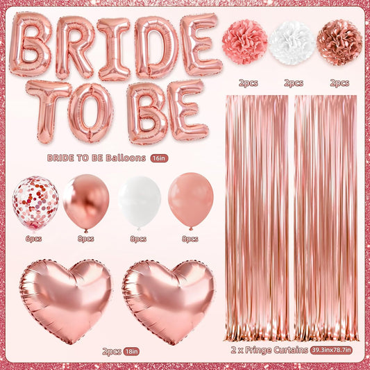 Bachelorette Party Decorations, 44Pcs Rose Gold Bridal Shower Decorations Include Bride to be Balloons Sash Veil Crown and Heart Balloon Fringe Curtain for Bachelorette Engagement Wedding Decoration