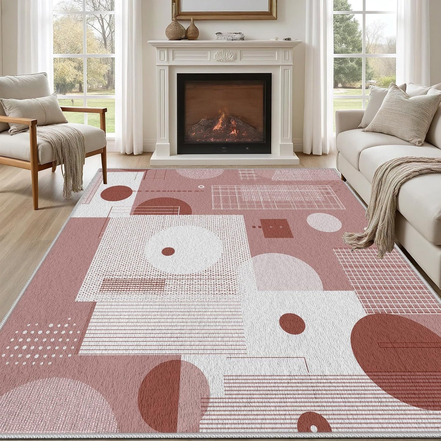 Geometric Checkered Circle Pattern Area Rugs 4x6 ft Abstract Modern Shag Rug Mid Century Peach Rugs Washable Non Slip Low Pile Soft Carpet for Indoor Dorm Bedroom Bathroom Dining Room