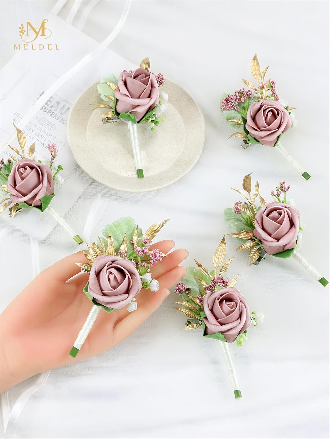 Dusty Pink Faux Foam Rose Boutonnieres for Men Wedding Prom 6Pcs | Artificial Foam Rose Boutonnieres for Wedding Prom Groom Groomsman Homecoming Ceremony Anniversary Party