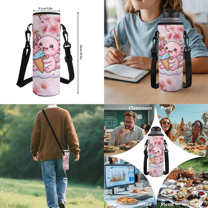 4 Pcs School Backpack Set Cherry Flower Pink Axolotl Print Elementary Student Bookbag 17 Inch Schoolbag with Lunch Box Pen Case Water Bottle Holder Bag for Outdoor