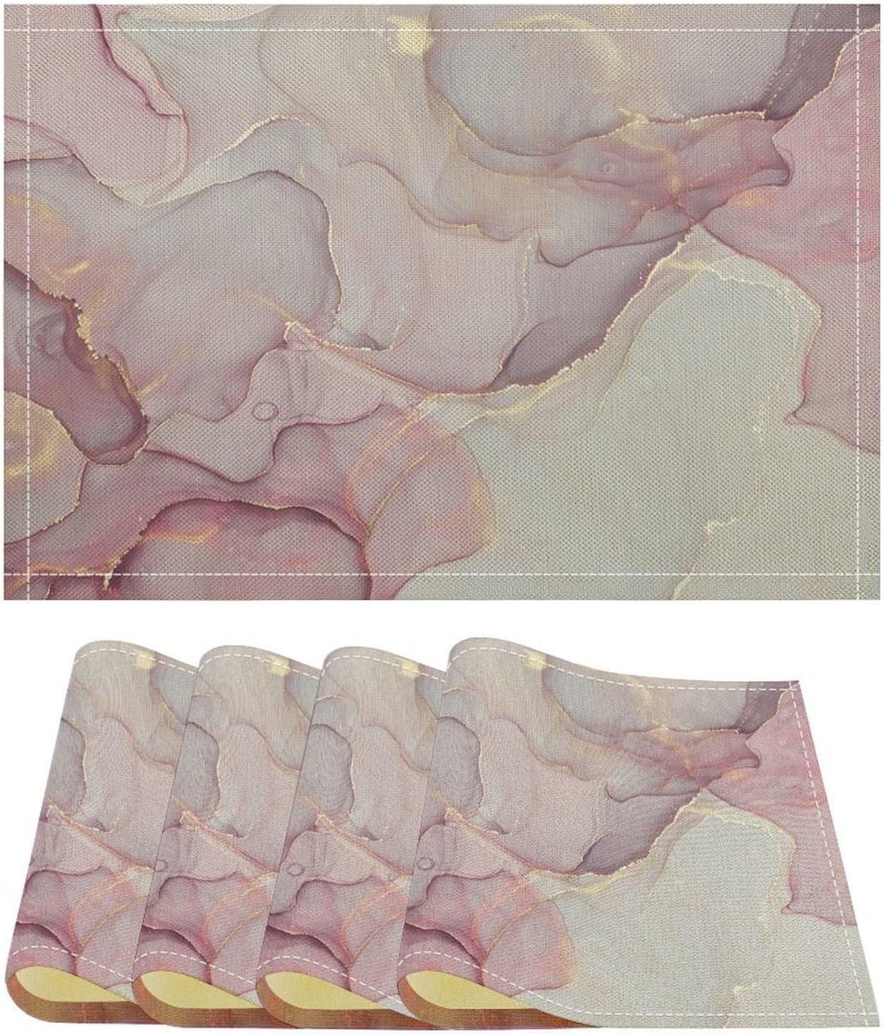 Pink Marble Placemat,Modern Luxury Abstract Geometric Line Pink White Cherry Blossom Textured Heat Resistant Washable Placemat for Party Kitchen Dining Table Decoration Set of 4 12x18in