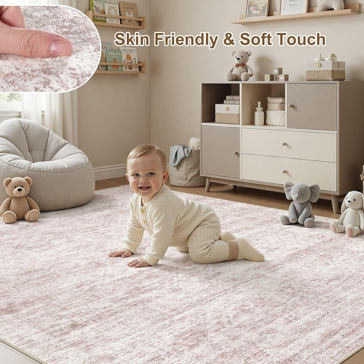cotiled Washable Area Rugs for Living Room 6x9: Non Slip Low Pile Neutral Abstract Carpet Kid & Pet Friendly Stain Resistant Rugs for Bedroom Home Office Decor (6x9 Pink)