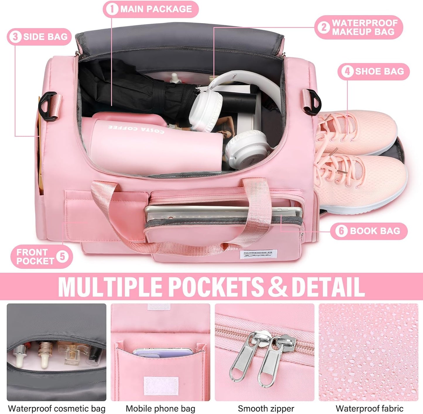 Gym & Dance Duffle Bag - Spacious Travel Organizer with Compartments (Pink)