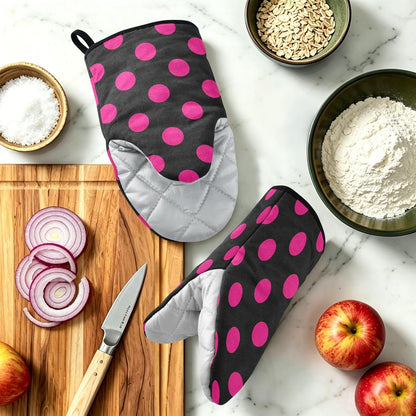 Oven Mitt 2 Pack Set Pink Polka Dot on Black Kitchen Mitts Gloves for for Cooking Baking Grilling