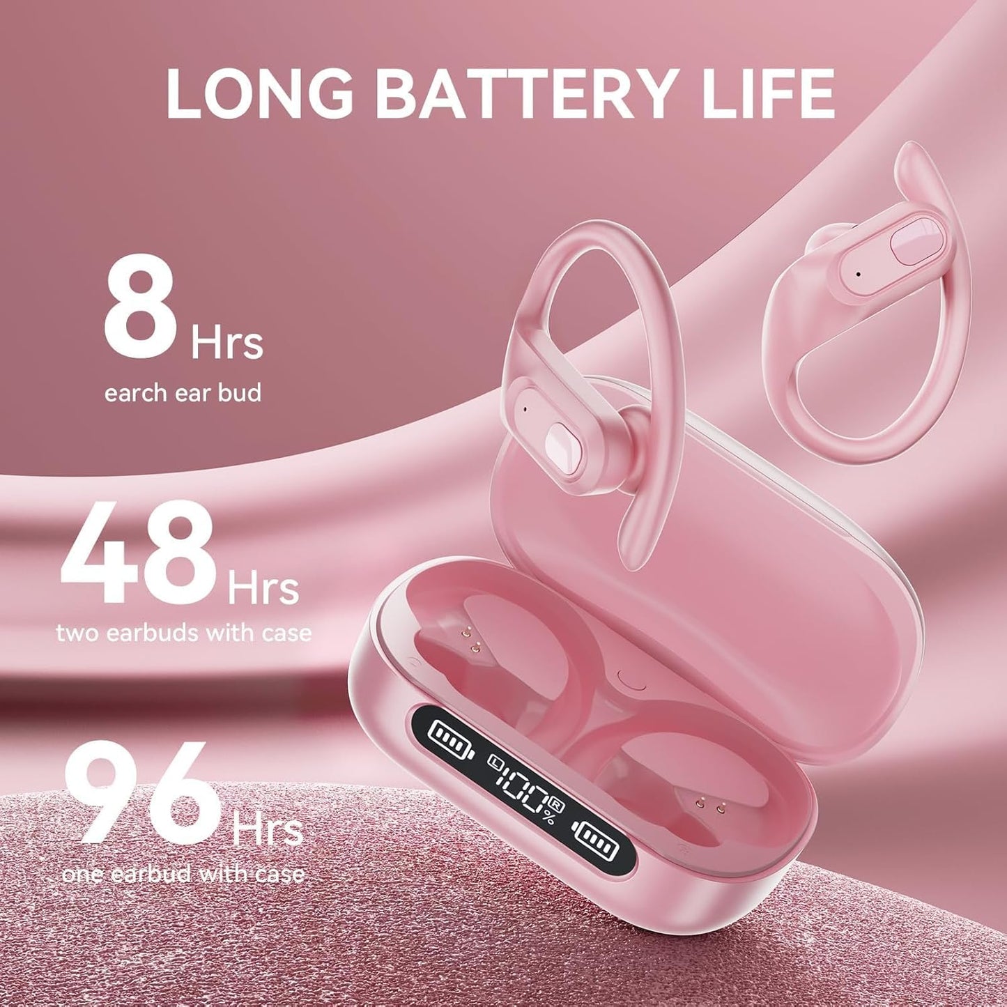 occiam Active Noise Cancelling Wireless Earbuds Bluetooth Headphones Ear Buds 96Hrs Playback Clear Call Waterproof Earphones with Ear Hook Microphones for Sport Running Pink