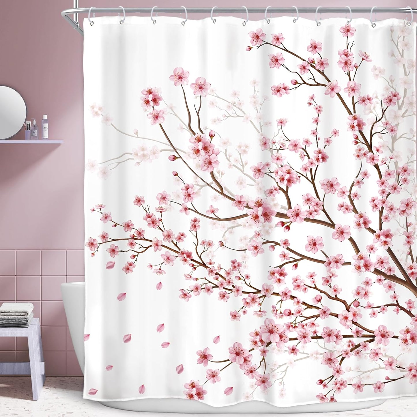 Cherry Blossom Plum Asian Shower Curtain Japanese Weeping Flower 60Wx72H Inch Sakura Pink Floral Watercolor Cute Branch Ink Scenery Waterproof Polyester Fabric Bathroom Bathtub