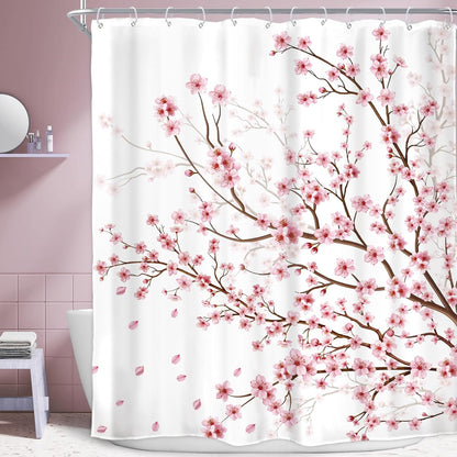 Cherry Blossom Plum Asian Shower Curtain Japanese Weeping Flower 60Wx72H Inch Sakura Pink Floral Watercolor Cute Branch Ink Scenery Waterproof Polyester Fabric Bathroom Bathtub