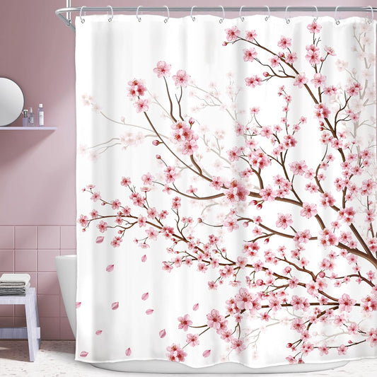 Cherry Blossom Plum Asian Shower Curtain Japanese Weeping Flower 60Wx72H Inch Sakura Pink Floral Watercolor Cute Branch Ink Scenery Waterproof Polyester Fabric Bathroom Bathtub