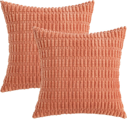 MIULEE Pack of 2 Corduroy Decorative Throw Pillow Covers 18x18 Inch Soft Boho Striped Pillow Covers Modern Farmhouse Home Decor for Summer Sofa Living Room Couch Bed Coral