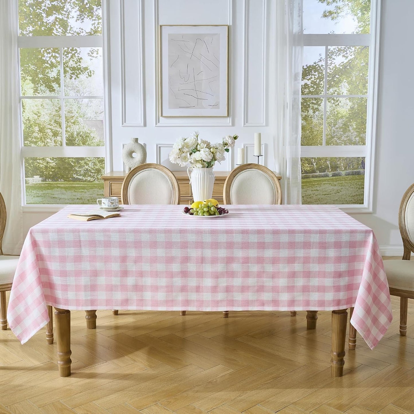 Pink Gingham Tablecloth, Checkered Table Cloth Cotton Linen Fabric, Washable Wrinkle Free Buffalo Plaid Table Cover for Picnic Farmhouse Kitchen Outdoor Party 60"x90" Rectangle