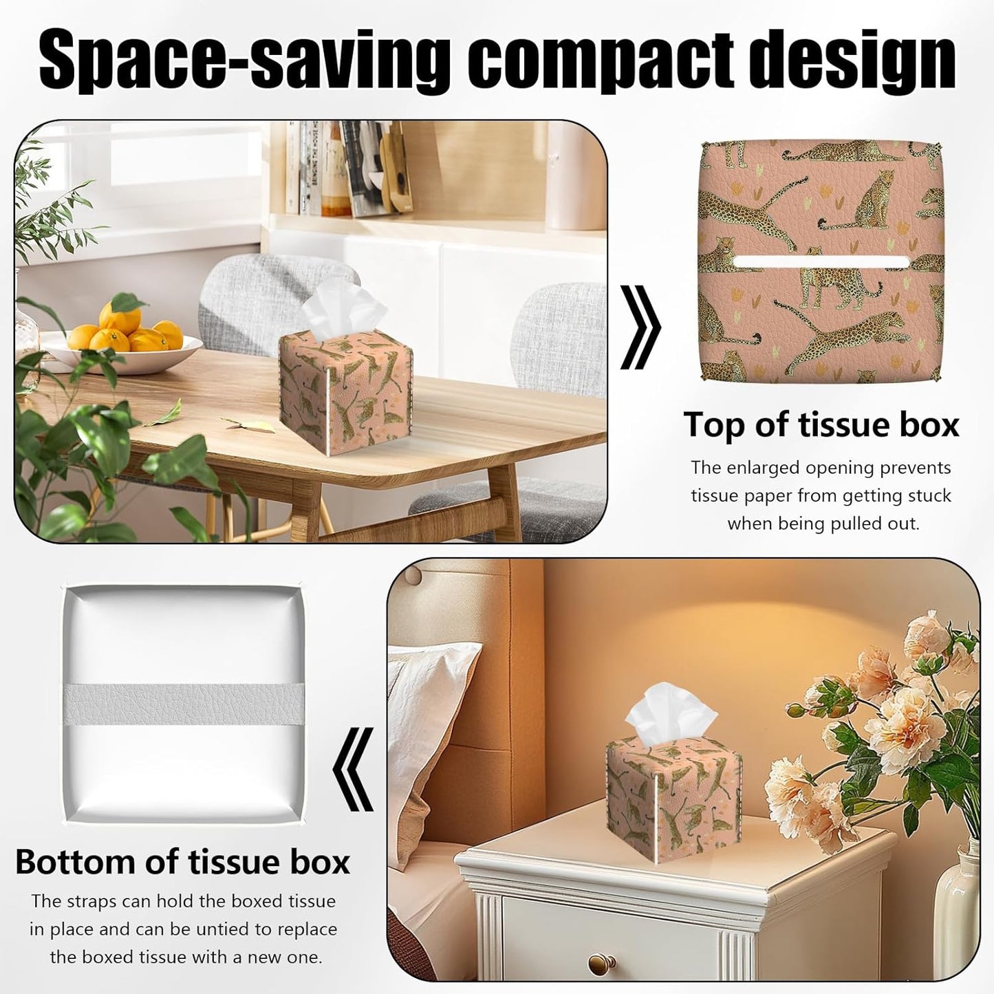 2 Pack Pink Cheetah Tissue Box Cover Square Animal PU Leather Tissue Box Holder Waterproof Facial Paper Organizer Dispenser for Bathroom Kitchen Home Office Car