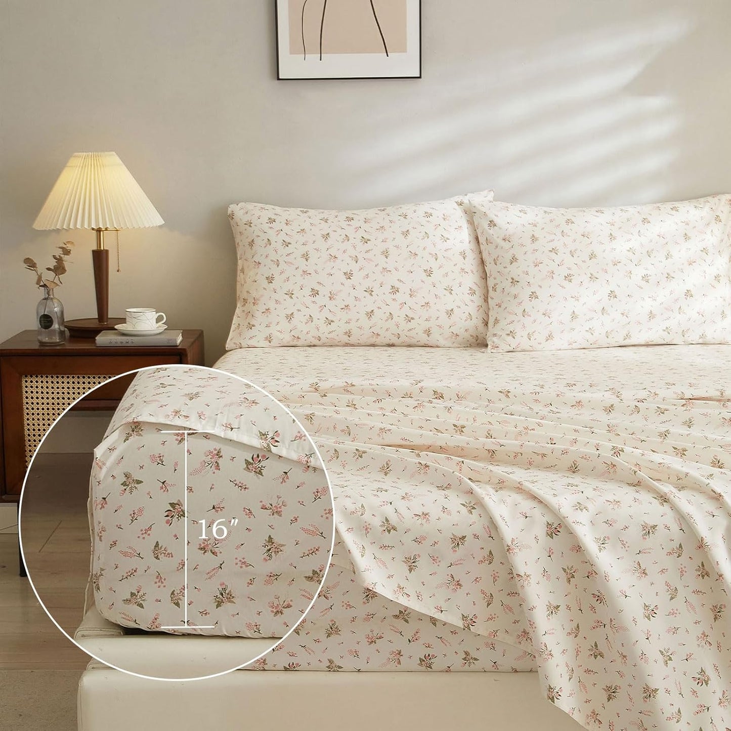 HighBuy Pink Floral Sheet Full Size Bed Sheets Set White - 4 Piece Extra Deep Pocket Full Pink Floral Bed Sheets - Cooling Soft Sheet & Pillowcase Sets Full Size,Floral Bed Sheet Set