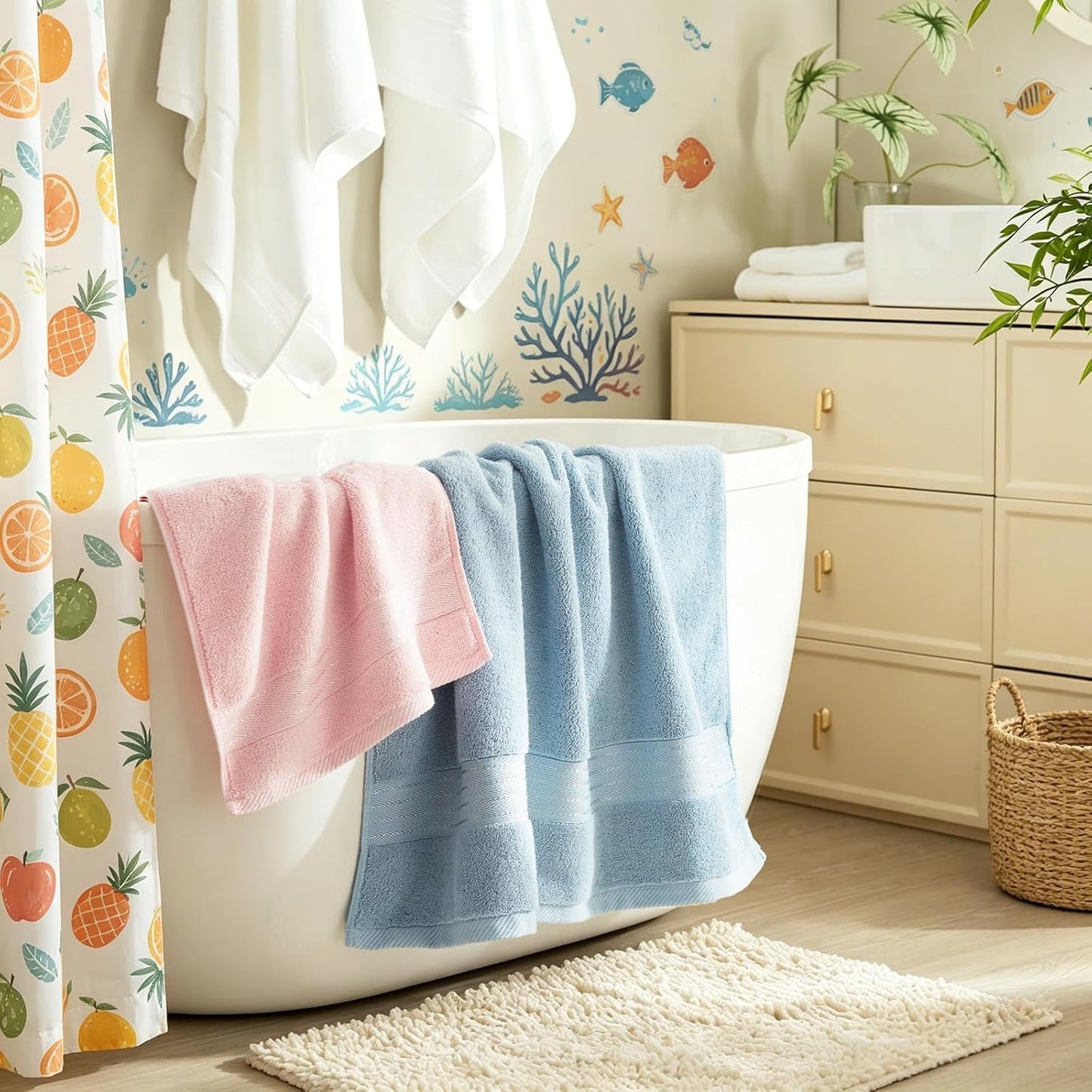 COZYART 4 Piece Luxury Bath Towels, 100% Turkish Cotton 650 GSM, 27x54, Soft Absorbent Quick Dry for Bathroom Hotel Spa, Pink+Light Blue