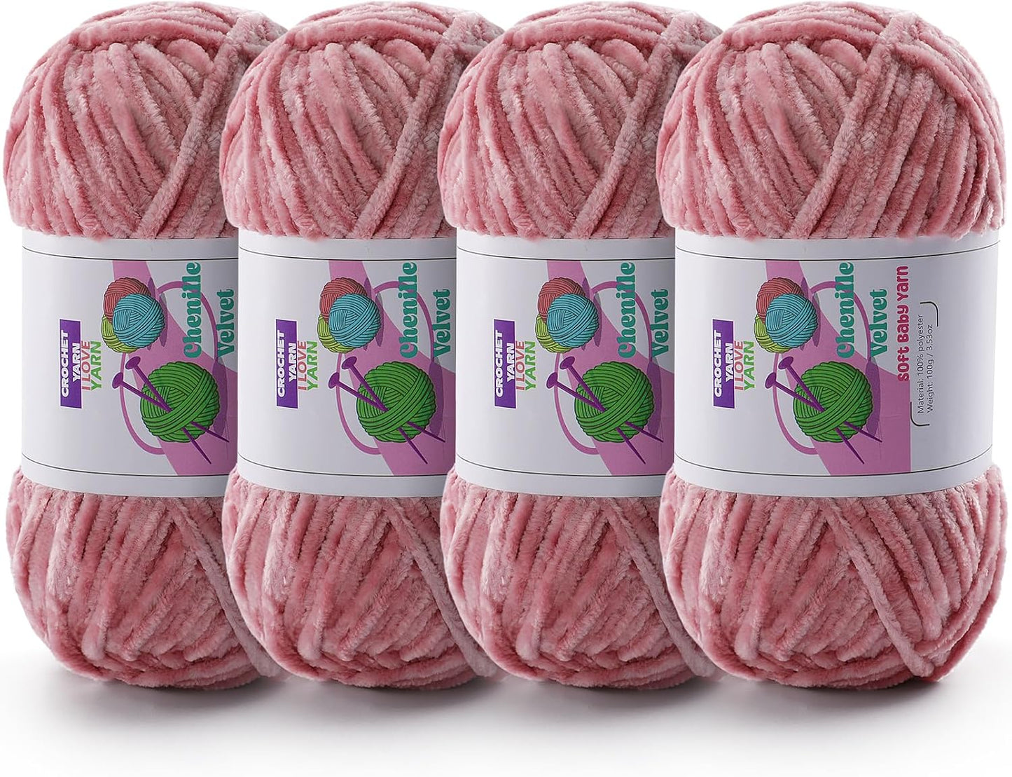 4 Skeins Soft Chunky Chenille Yarn, Plush Velvet Yarn for Hand Knitting and Crocheting, Fluffy Yarn for Crochet Blankets, Scarves, Hats（4×3.5oz, 4×131.2yds） (Peach Pink)
