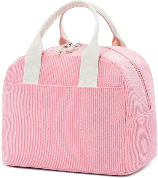 LOVELYWIND Insulated Sugar Pink Lunch Bag for Women, Stylish Corduroy Tote with Aluminum Lining, Large Capacity Reusable Cooler for Work, Travel, or Beach, Beige Cream Water-Resistant Lunch Box
