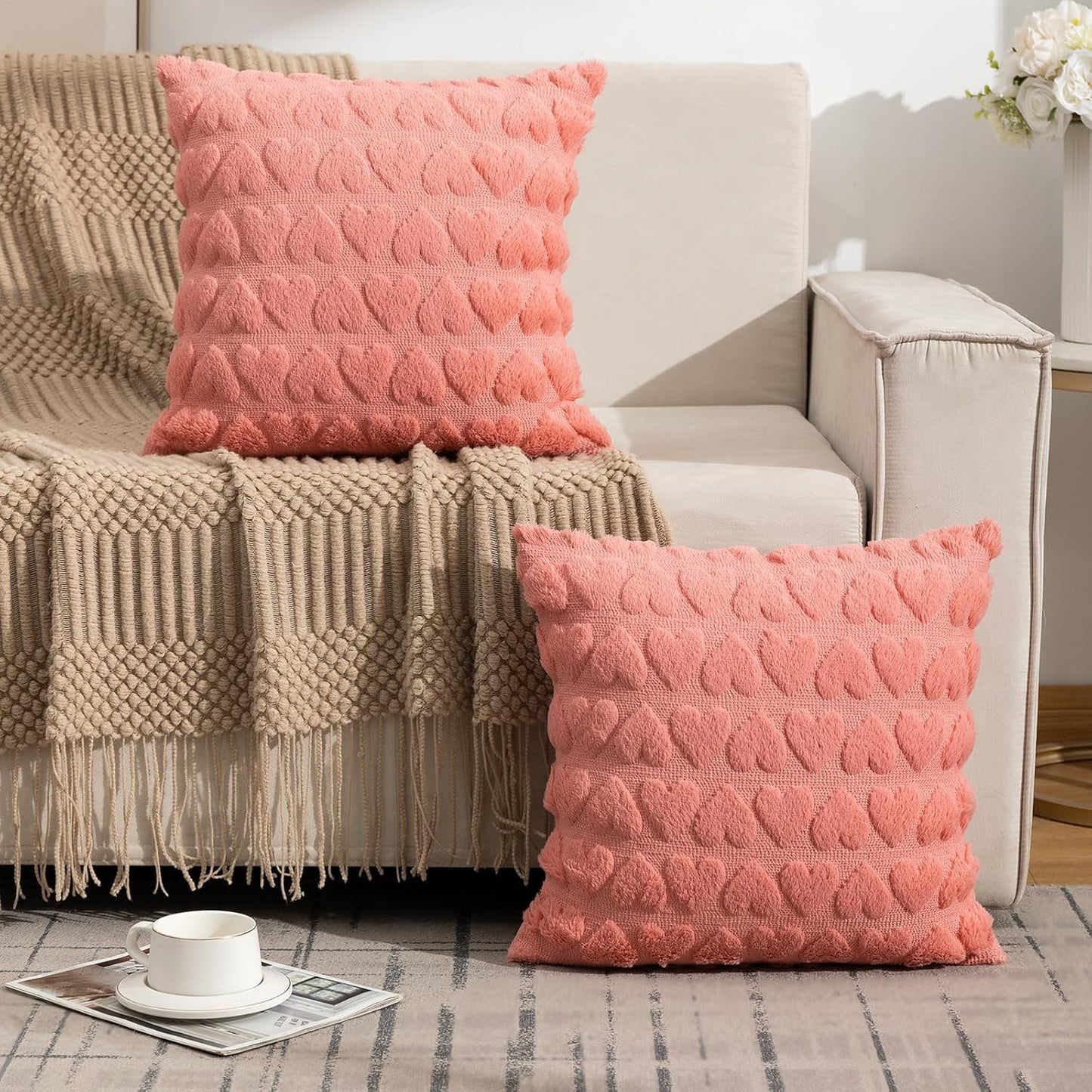 Valentines Throw Pillow Covers 16x16 Set of 2, Home Decor Spring Pillow Covers Heart Love Couch Cushion Cover, Soft Plush Faux Fur Pillowcase for Living Room Sofa Bed, Peach