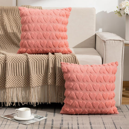 Valentines Throw Pillow Covers 16x16 Set of 2, Home Decor Spring Pillow Covers Heart Love Couch Cushion Cover, Soft Plush Faux Fur Pillowcase for Living Room Sofa Bed, Peach