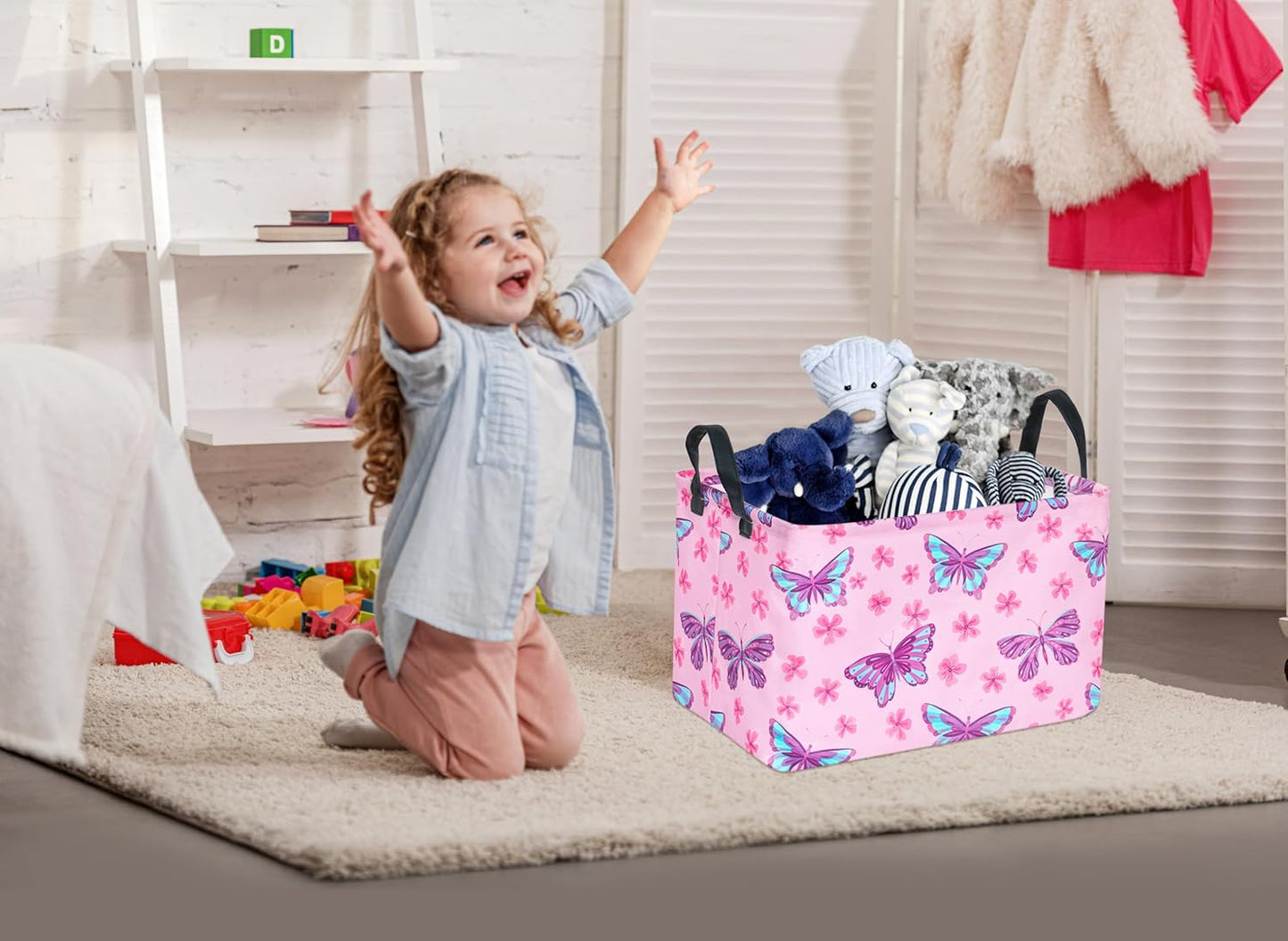 Pink Butterfly Storage Basket Gift Laundry Bins Collapsible Storage Baskets Box Laundry Nursery Hamper for Home and Office Decoration with Handles