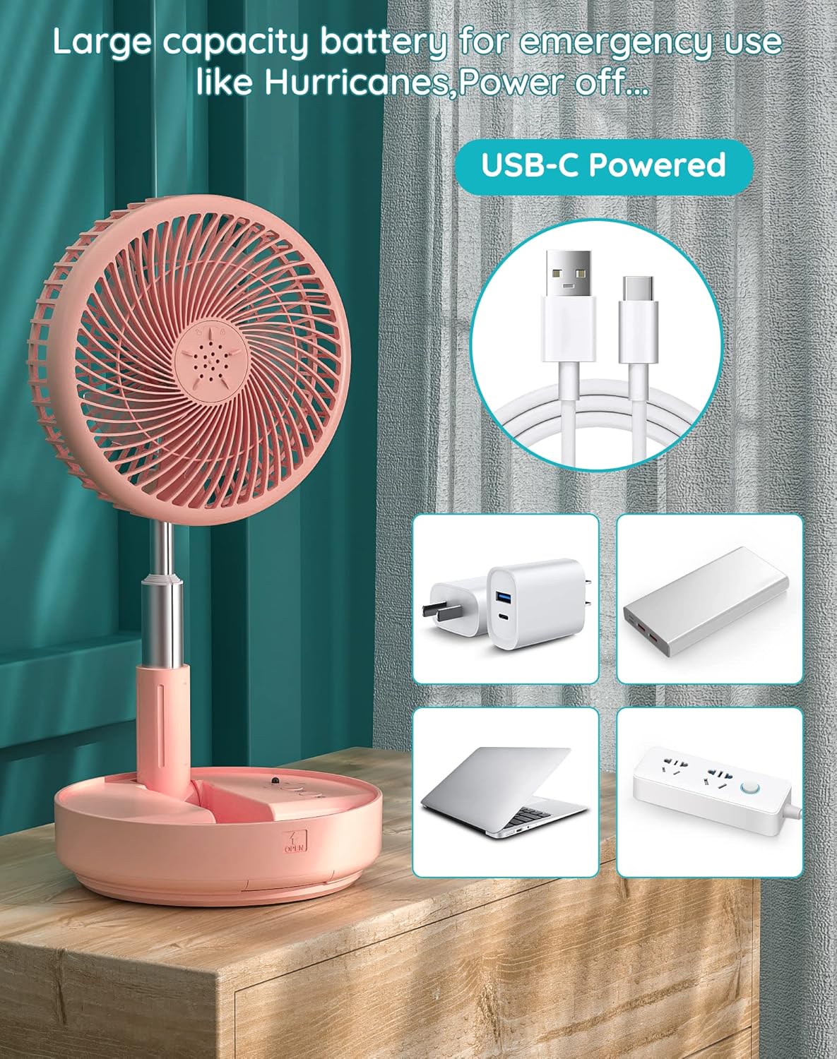 Primevolve Portable Fan, |21H Battery|7200mAh Rechargeable Oscillating Fan with Remote, Foldable Telescopic 7.7" for Travel Camping Cruise Hotel Bedroom, Pink