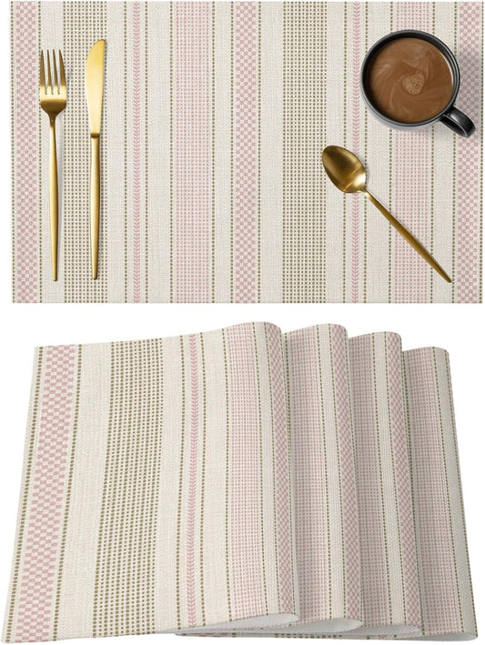 Vintage Striped Placemats Set of 12 Pink Khaki Vertical Ticking Stripes French Country Table Mats Kitchen Dining Home Outdoor Party Table Decoration