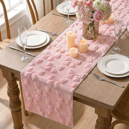 FEXIA Pink Bow Table Runner Soft Plush Tufted Faux Fur Jacquard Embroidery Spring Table Runner for Dining Table Spring Decorations for Home Kitchen Decoration Party Decor 13x72 Inch