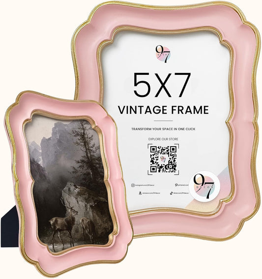 97 Decor Gold Pink Picture Frame 5x7 - Cute Pink Vintage Frame 5x7 For Tabletop And Wall Hanging, Decorative Pretty 5 By 7 Frame For Home, Bedroom, Retro Girly Wall Decor