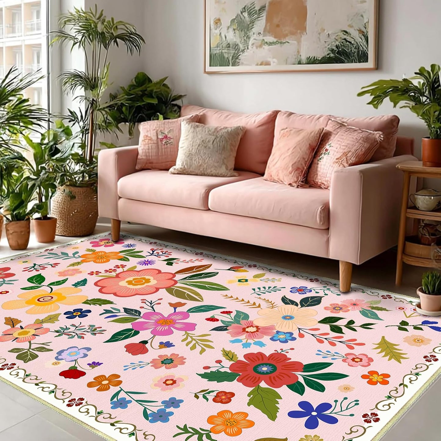 3x5 Feet Floral Area Rug Non-Slip Low Pile Soft Washable Pink Rug for Girls' Rooms, Nursery, Kids Room, Entryway – Lightweight Easy Clean Modern Decorative Carpet