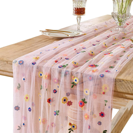 Pink Floral Table Runner 10 FT, Embroidery Daisy Table Runners Seasonal Spring Summer Sheer Tulle Dining Table Decor for Home Party Birthday Decor 29x120 Inch