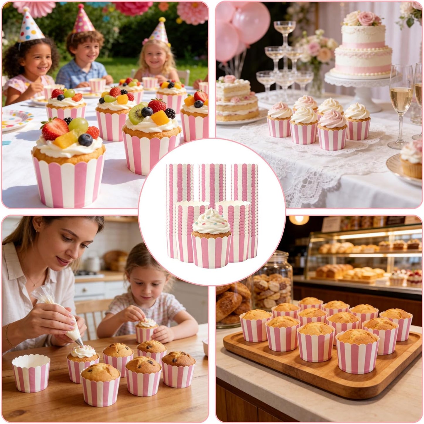 100 PCS Pink and White Striped Cupcake Liners, 6oz Paper Baking Cups and Muffin Liners for Birthday, Wedding, Baby Shower, Bridal Shower, and Party Favors