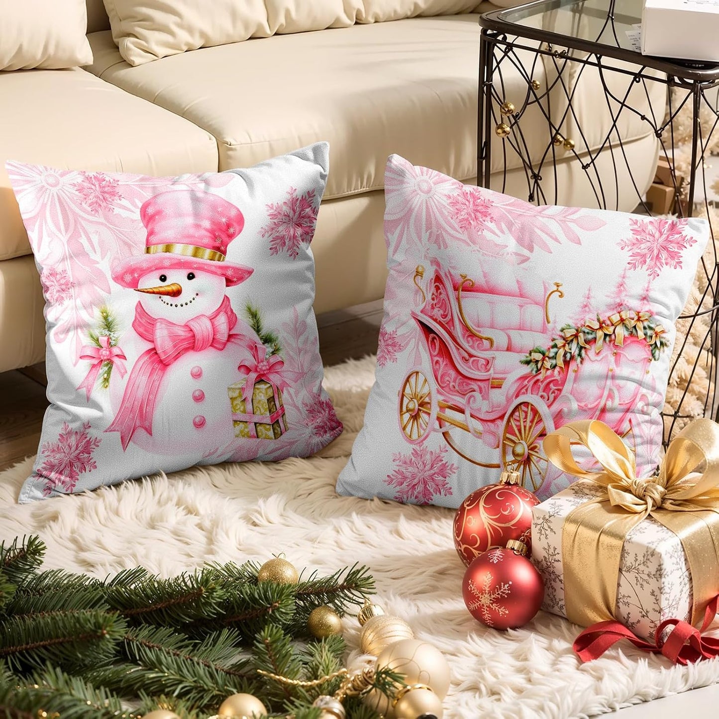 Christmas Pillow Covers 18x18 Set of 4,Cute Snowman Throw Pillow Covers Velvet Pink,Christmas Decor for Home Couch Cushion Sofa Living Room