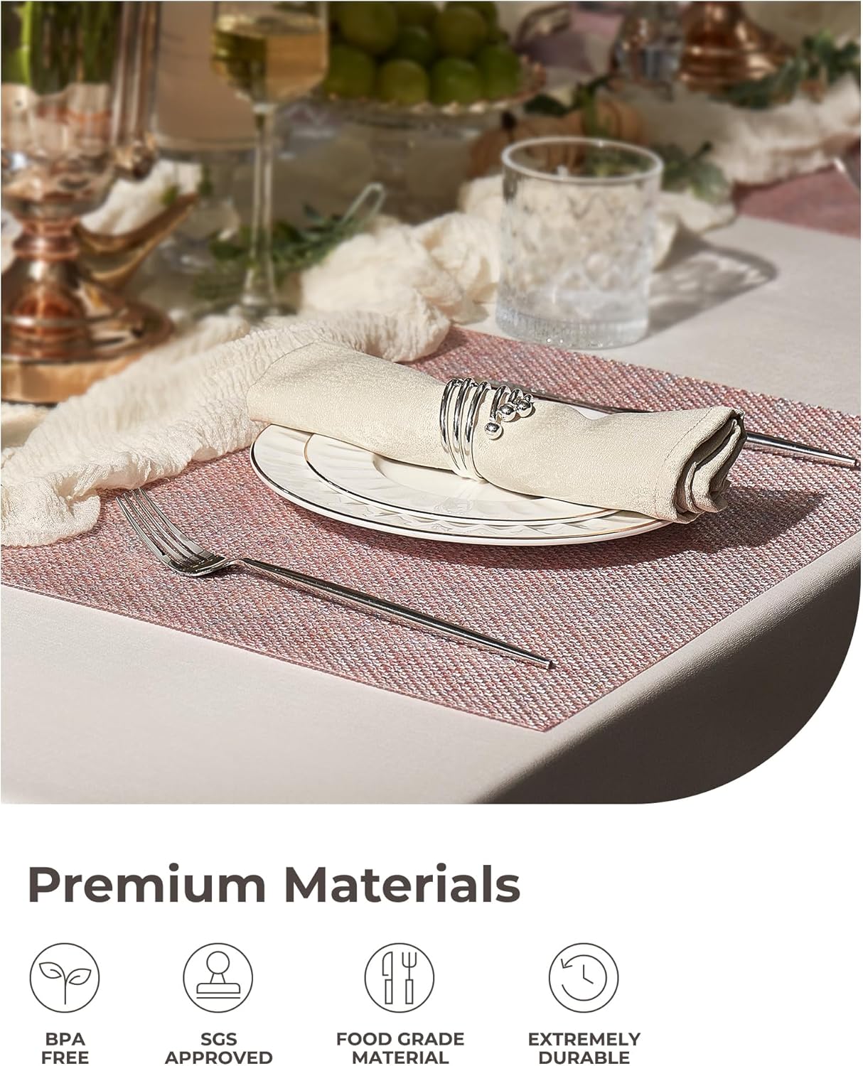 Leetaltree Sparkling Pink Iridescent Vinyl Woven Placemats, Set of 8, Waterproof Washable Dining Table Mats for Wedding, Anniversary, Daily Use & Decor