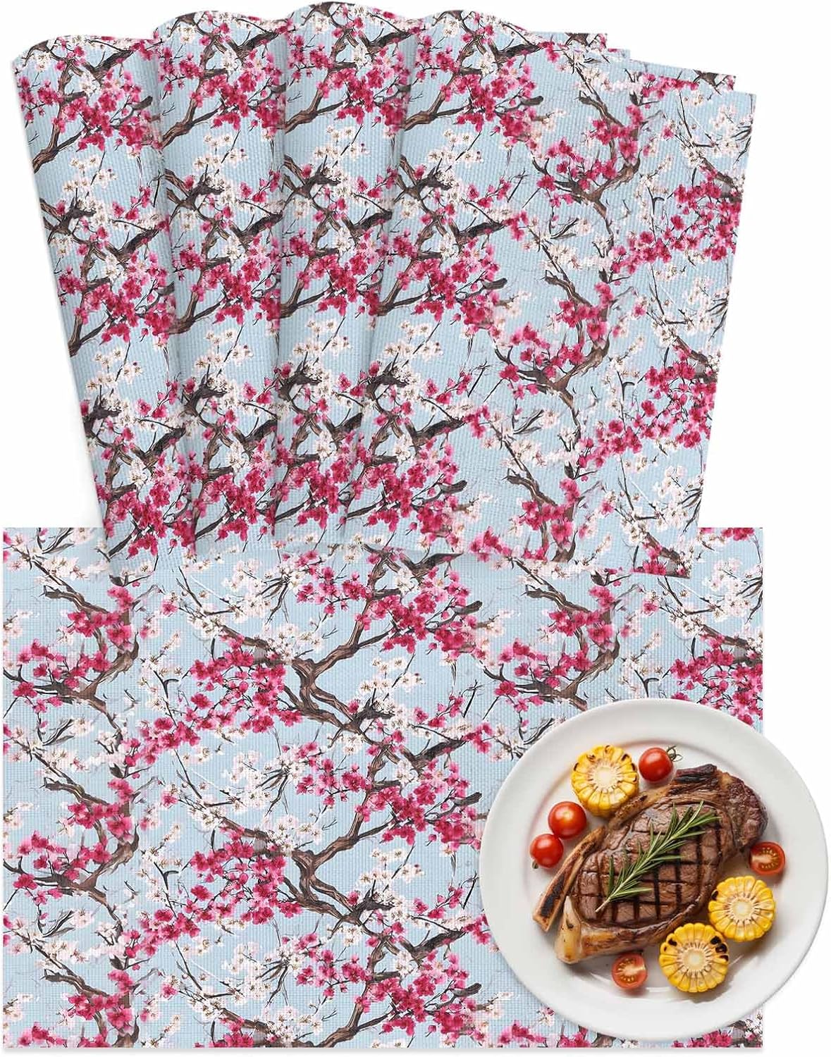 Spring Flowers Placemats Set of 4, Washable PVC Kitchen Table Mats Place Mats, Chinese Pink Peach Blossoms Branches Woven Vinyl Placemat for Dining Table, 13" x 19"
