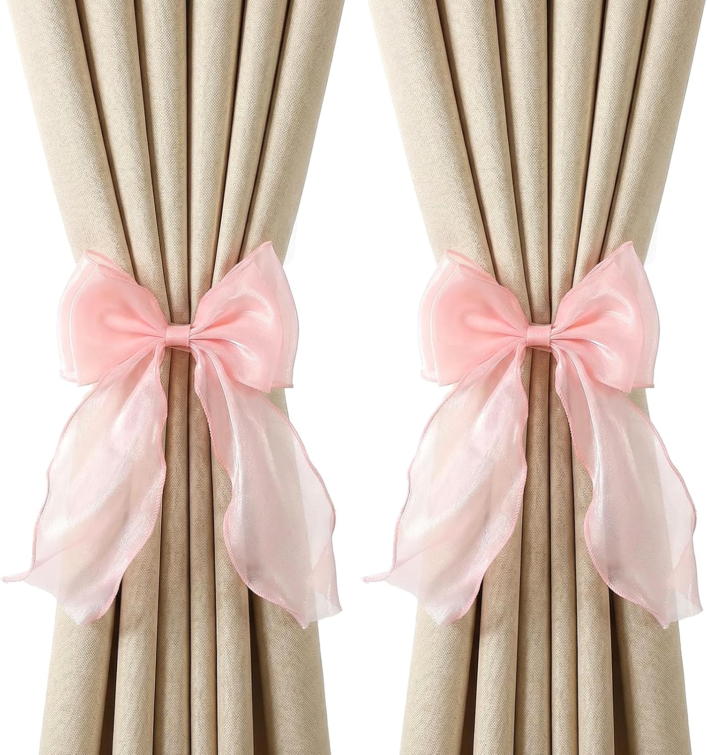 Thinp 2 Pieces Bow Curtain Tiebacks, French Bowknot Curtain Holdbacks Silky Curtains Strap Lace Ribbon for Home Bedroom Office Dining Rooms Curtains Decorative (Pink)