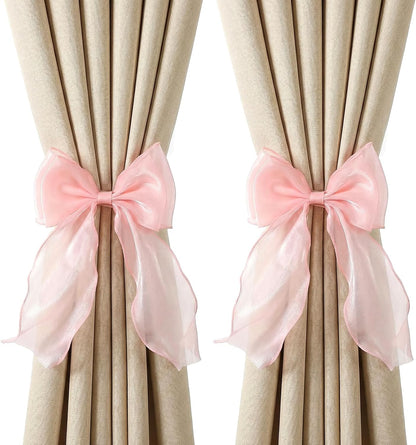 Thinp 2 Pieces Bow Curtain Tiebacks, French Bowknot Curtain Holdbacks Silky Curtains Strap Lace Ribbon for Home Bedroom Office Dining Rooms Curtains Decorative (Pink)
