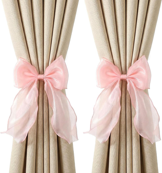 Thinp 2 Pieces Bow Curtain Tiebacks, French Bowknot Curtain Holdbacks Silky Curtains Strap Lace Ribbon for Home Bedroom Office Dining Rooms Curtains Decorative (Pink)