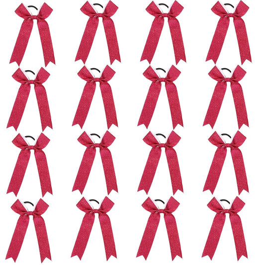 Long Tail Glitter Cheer Bows 16 PCS Collegiate Style Cheer Bows Ponytail Holder Handmade Bows for Girls Teens Cheerleader Sports (Glitter Pink)
