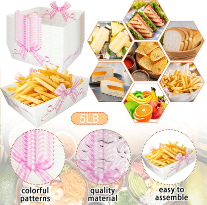 Pink Bow Paper Food Trays - 24Pcs Large Size Coquette Birthday Decorations Kraft Food Boat;Nacho Trays Bow Birthday Party Supplies for Valentines Wedding Baby Shower Party Decoration