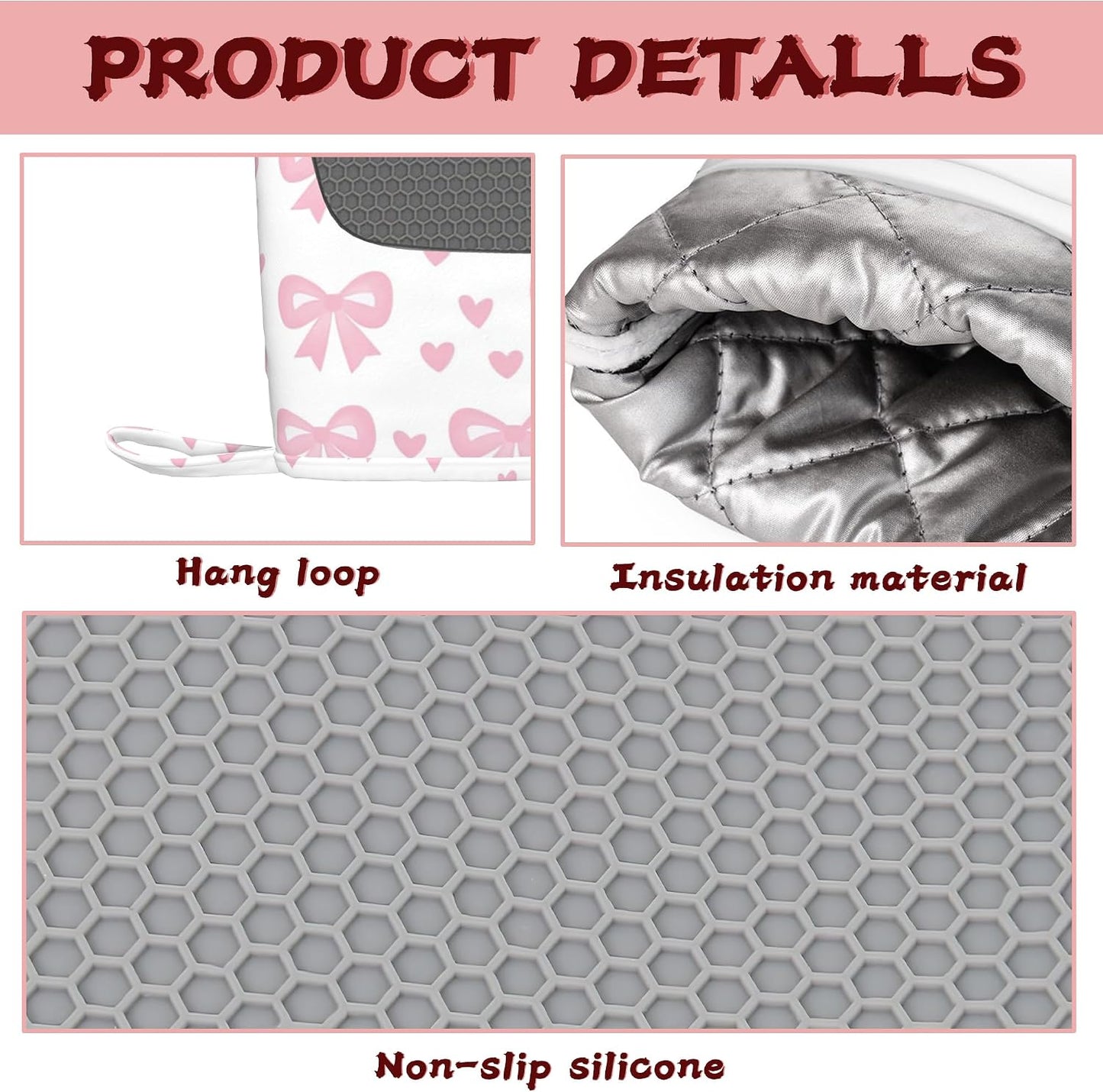 Cute Pink Bows Heat-Resistant Silicone Oven Mitts and Pot Holders 4 Piece Set,Extra Long Non-Slip Kitchen Oven Gloves for Cooking, Baking, BBQ,Grilling