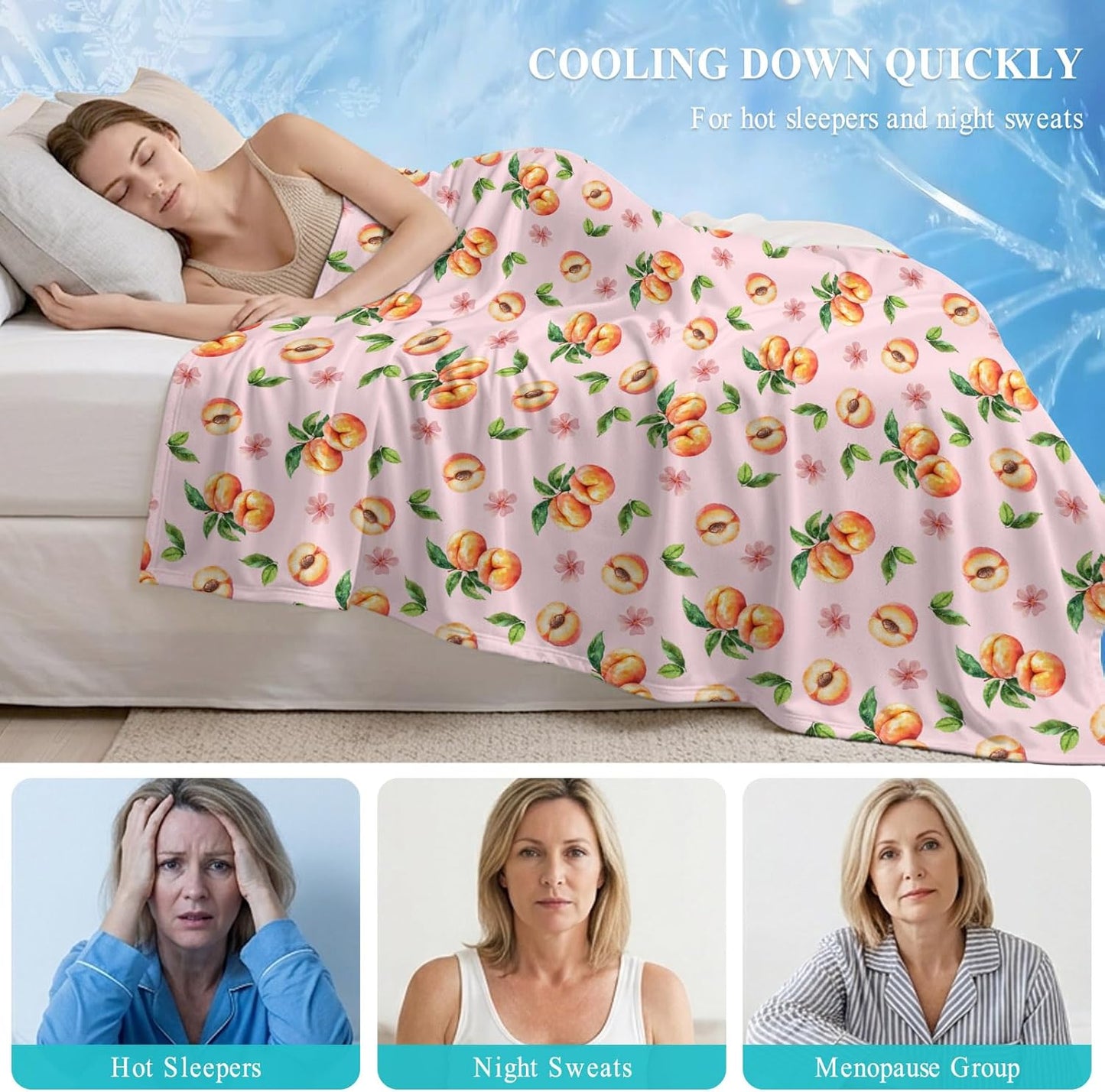 40"x60" Lap Cooling Blanket Pink Peaches Ice Silk Lightweight Breathable Soft Summer Blanket for Hot Sleepers Couch Bed Sofa Camping Flowers Summer Fruit