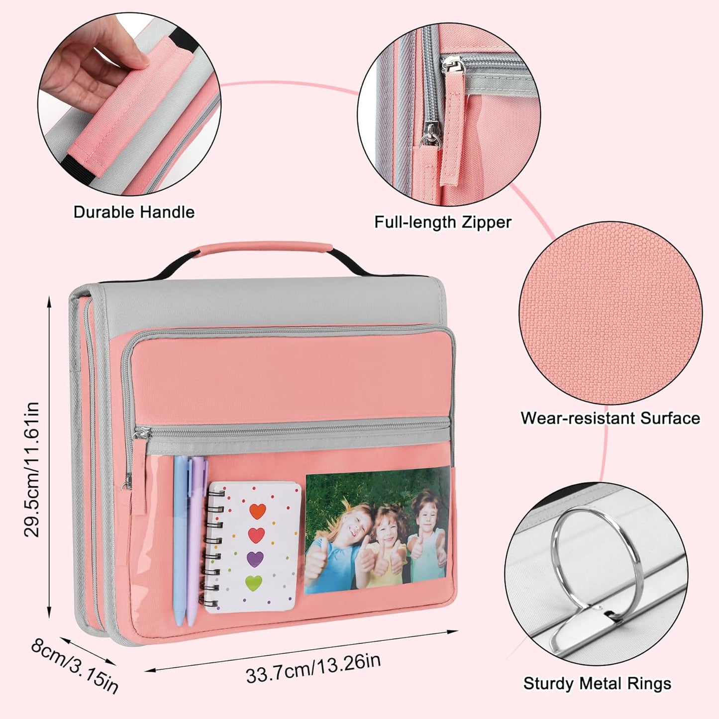 Ndsox Zipper Binder 3 Ring with Handle, 2 Inch O-Ring Document Organizer Middle School Binder with Zipper for Students, 5-Tab Expanding File Folder & 2 Mesh Pouches, DIY Clear Front Pocket, Pink